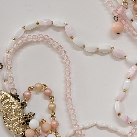 Vintage Pink White & Gold Multi-Strand Beaded Necklace with Layered Design Style - Picture 5 of 10